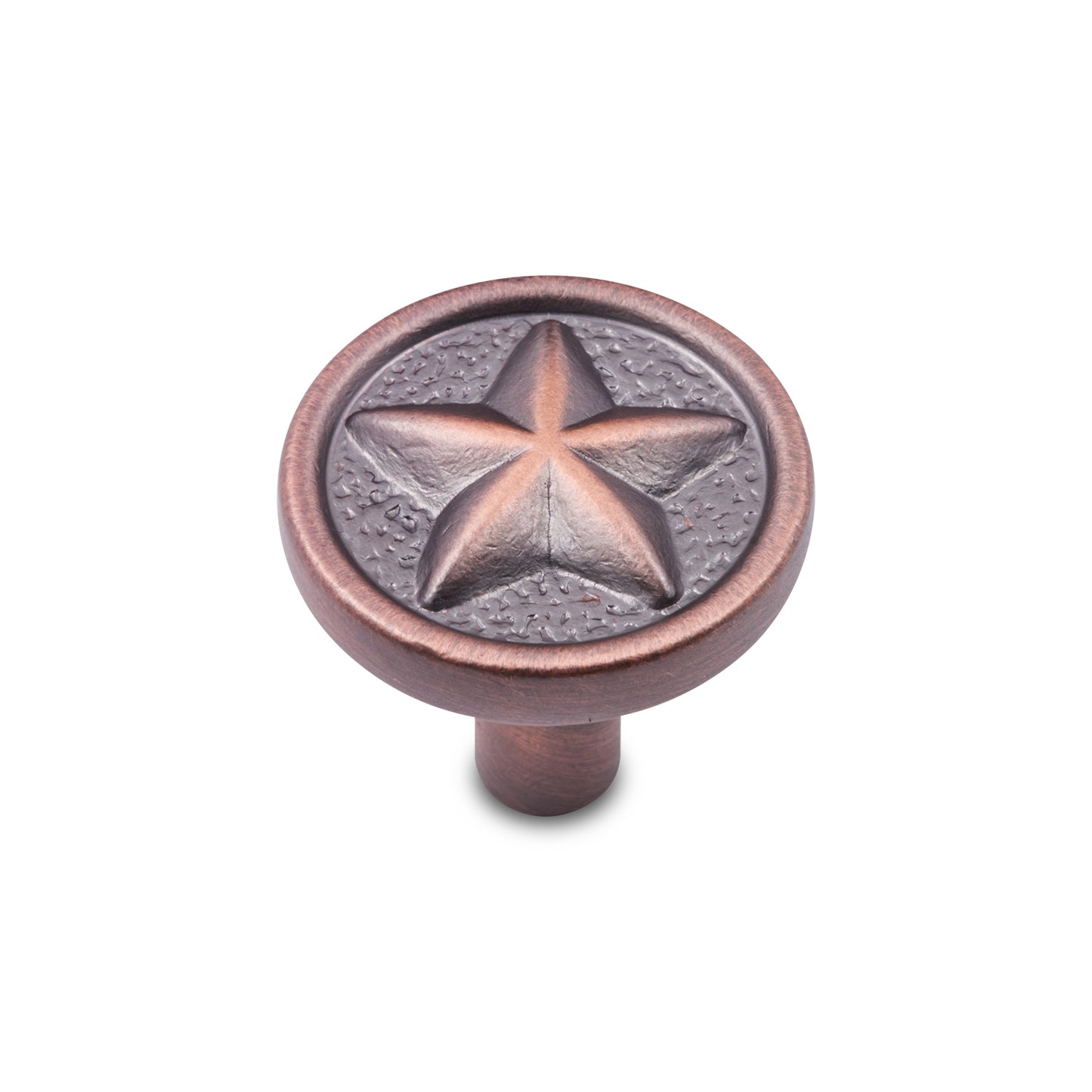 Distressed Copper Cabinet Knob with Texas Star on White Background