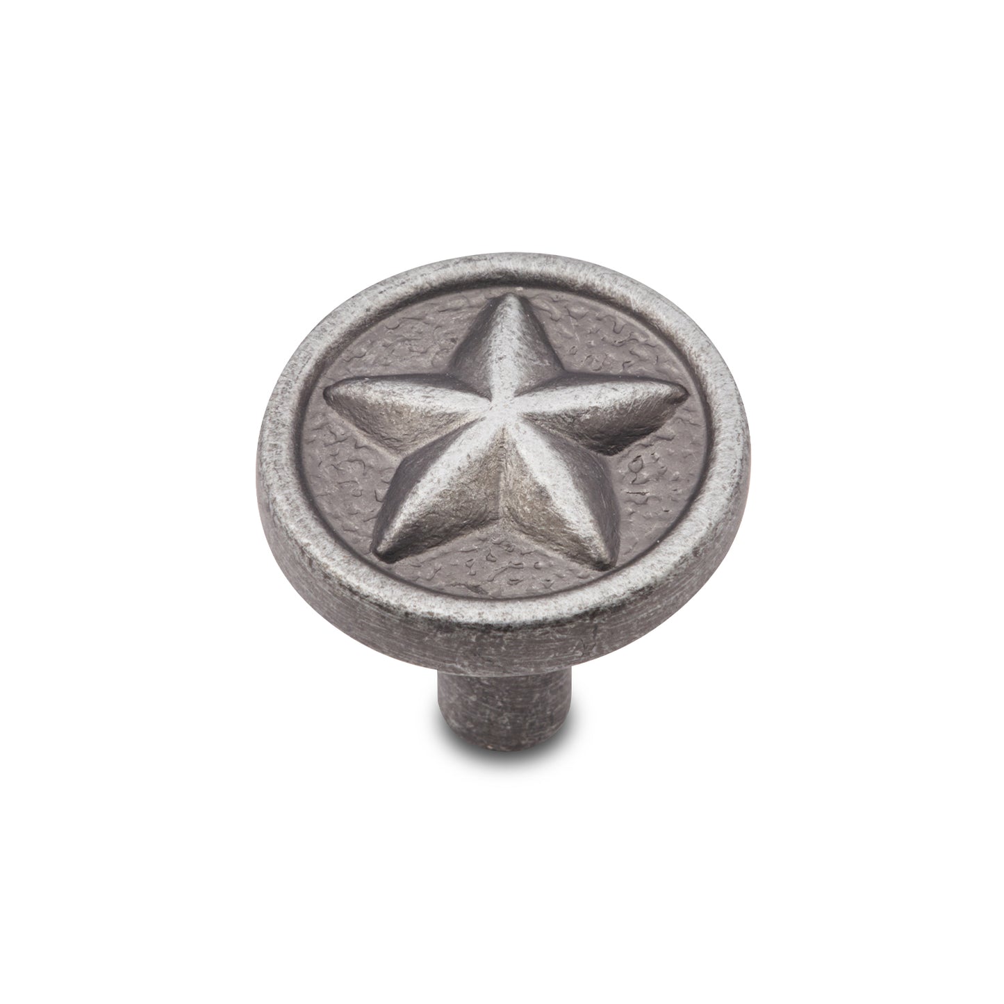 Distressed Nickel Cabinet Knob with Texas Star on White Background