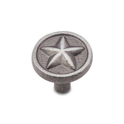 Distressed Nickel Cabinet Knob with Texas Star on White Background