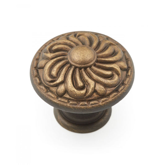 Valencia Bronze Round Traditional Knob on White Kitchen Cabinets